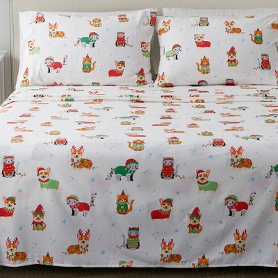 Queen Size Dog Cat Christmas Cotton Flannel Sheet Set