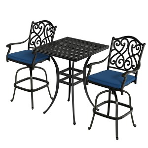 Mondawe Black 3-Piece Cast Aluminum Patio Outdoor Bistro Set with 2 High Bar Swivel Chairs, Square Table (Seat 2) - 1 of 4