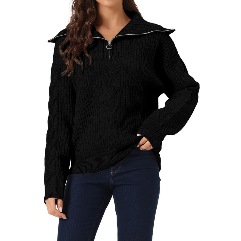 Seta T Women's Casual Long Sleeve Half Zip V Neck Collar Ribbed Knit Sweater, 1 of 6