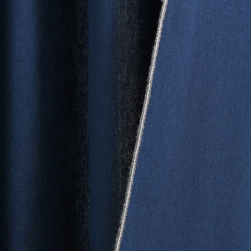 Modern Faux Linen Embroidered Edge With Attached Valance Window Curtain Panels Navy 52X84 Set, 5 of 7