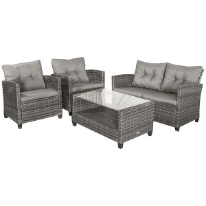 Outsunny 4 Pieces Patio Furniture Sets Rattan Wicker Chair w/ Table Outdoor Conversation Set with Cushion for Backyard Porch Garden Poolside and Deck - 1 of 4