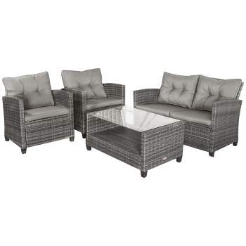 Outsunnny 4 Piece Patio Furniture Set, Outdoor Wicker Loveseat Sofa & Chairs, with 2-Tier Coffee Table & Tufted Cushions, Gray