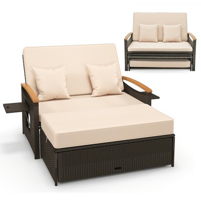 Tangkula Patio Rattan Daybed Set w/ Cushioned Loveseat & Storage Ottoman