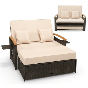 Tangkula Patio Rattan Daybed Set w/ Cushioned Loveseat & Storage Ottoman - 1 of 4
