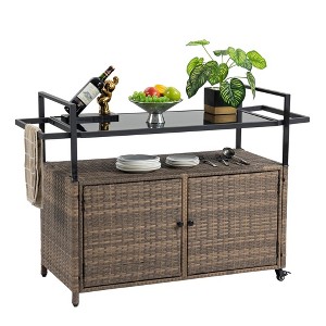 NAYSAYE Bar Serving Cart Outdoor Wicker Wine and Beverage Counter with Glass Tabletop for Patio , Light Brown, 51.18"*19.69"*35.43" - 1 of 4