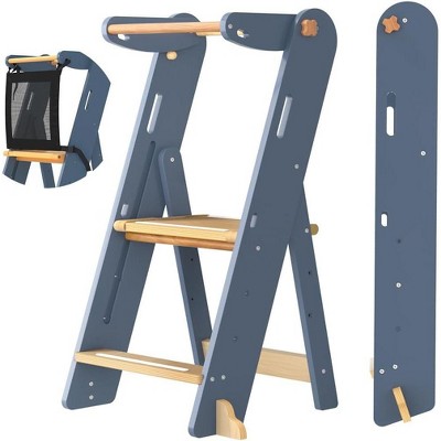 GROWNSY Foldable Toddler Tower, Toddler Kitchen Stool Helper, Folding Step Stool with 3 Adjustable Height, Ages 18 Months to 6 Years (Blue Gray)