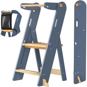 GROWNSY Foldable Toddler Tower, Toddler Kitchen Stool Helper, Folding Step Stool with 3 Adjustable Height, Ages 18 Months to 6 Years (Blue Gray) - 1 of 4