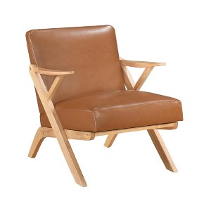 Faux Leather Upholstery Solid Rubberwood Accent Chair with Dacron Foam, Attached Cushions and Brown Finish Frame - 1 of 4
