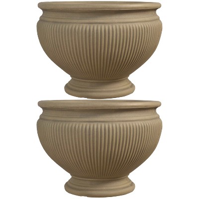 Sunnydaze Indoor/Outdoor Patio, Garden, or Porch Weather-Resistant Double-Walled Elizabeth Ribbed Urn Flower Pot Planter - 16" - Beige - 2pk