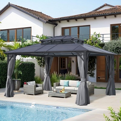 12x16FT Hardtop Gazebo Double Roof Canopy Outdoor With Netting And Curtains,Aluminum Frame Polycarbonate Roof Garden Tent -Maison Boucle