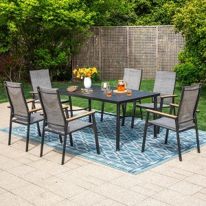 Captiva Designs 7pc Patio Dining Set with Geometric Pattern Rectangle Table & Sling Chairs with Wood-look Armrest - 1 of 4