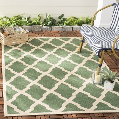 Green and Creme Geometric Indoor/Outdoor Square Rug