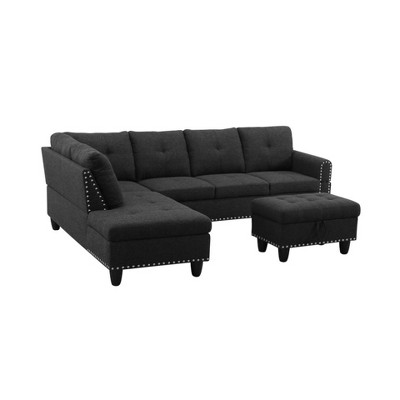 DOMETOUR Black Gray Linen 3-Piece Sofa Set - Modern Living Room Furniture L Shaped Sectional Couch