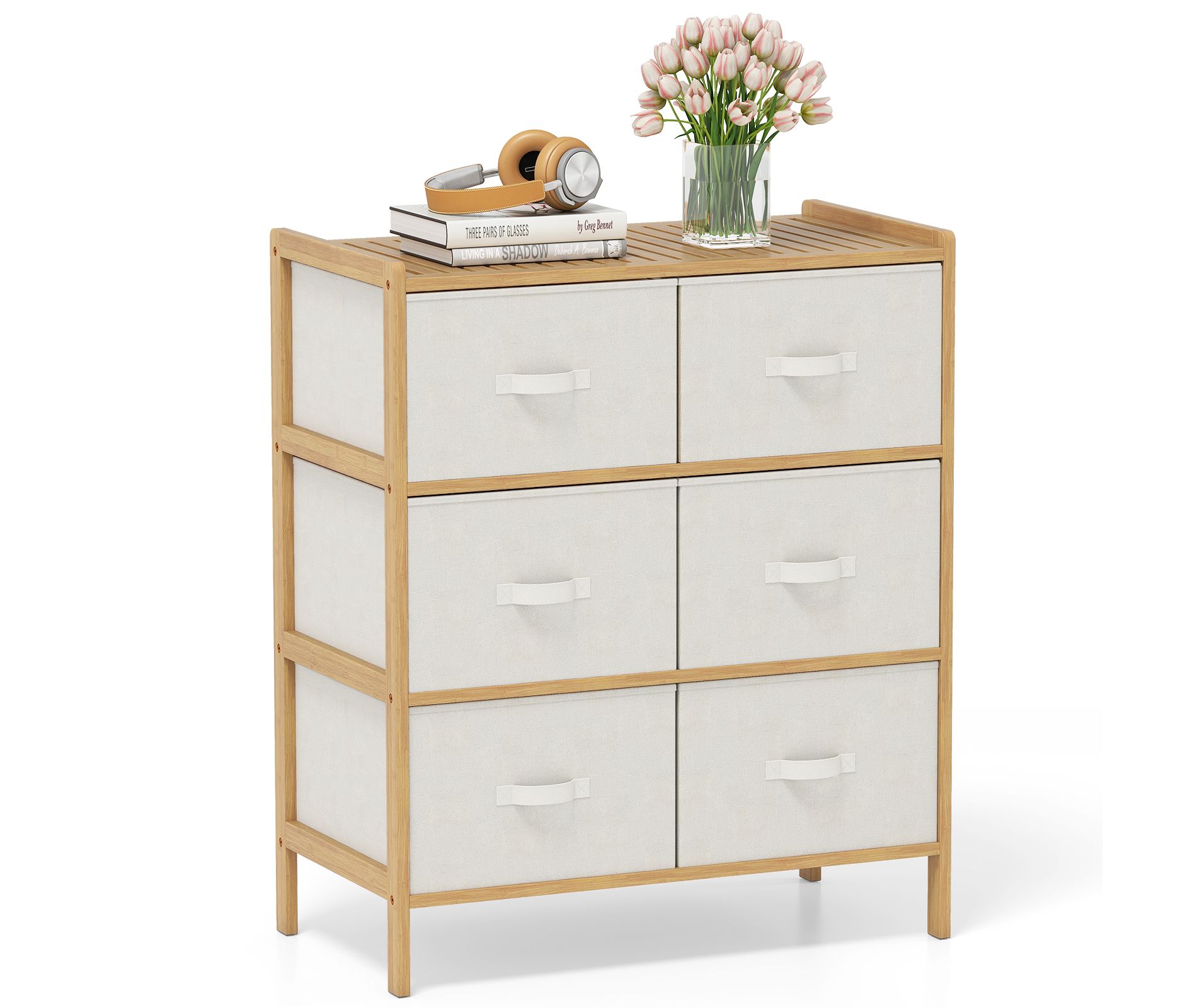 Costway Fabric Dresser w/ 6 Drawers Bamboo Storage Tower w/ 6 Folding Fabric Bins