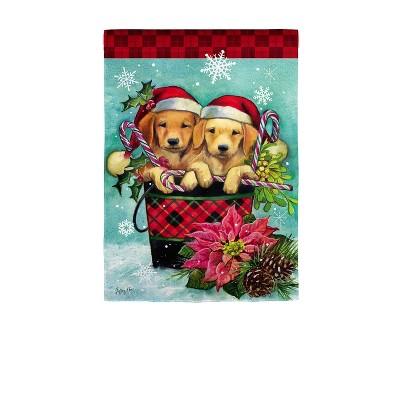 Evergreen Christmas Puppy Bucket Garden Suede Flag