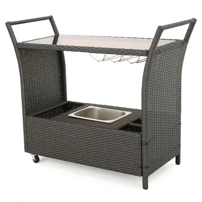 GDFStudio Lourdes Outdoor Wicker and Aluminum Serving Bar Cart