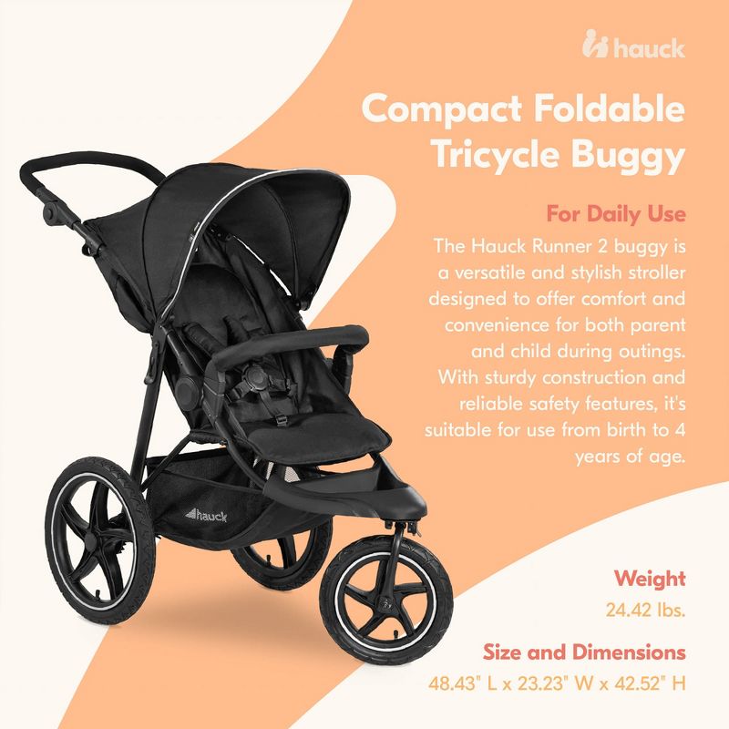 hauck Runner 2 Compact Foldable Tricycle Jogger Buggy Stroller Pushchair with Height-Adjustable Handle, Large Pneumatic Wheels, & UPF 50 Canopy, Black, 3 of 8