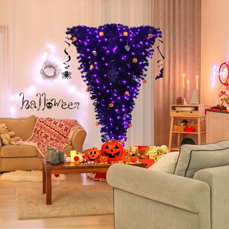 Costway 6ft Upside Down Christmas Halloween Tree Black w/270 Purple LED Lights, 2 of 11