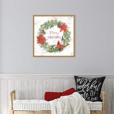 Wooded Holiday Christmas Wreath Canvas Print with Maple Frame
