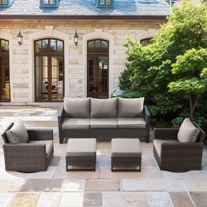 5 Piece Outdoor Patio Furniture Set Wicker Patio Conversation Set, Outdoor Swivel Rocker Chairs with 3-Seater Sofa and 2 Ottomans for Small Space - 1 of 4