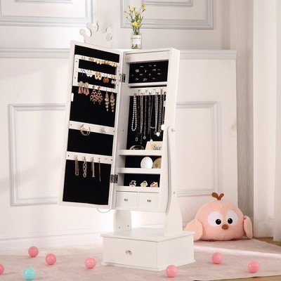 Garvee Kids Jewelry Armoire with Full-Length Mirror, Child Jewelry Cabinet with Led Light, 3 Storage Drawers,White