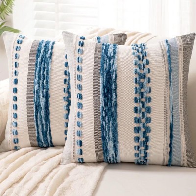Boho Throw Pillow Covers 18x18 Set of 2 Farmhouse Decorative Cushion Case Striped Square, Chenille Pillow Cases Accent Neutral Pillowcase for Sofa