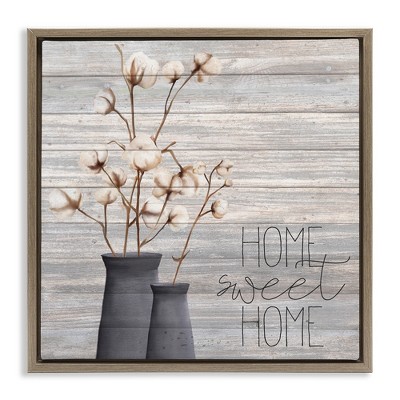 Stupell Industries Grey Home Sweet Cotton Flowers Black Framed Floater Canvas Wall Art