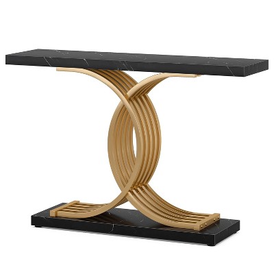 Gold and Black Faux Marble Console Table with Geometric Metal Legs