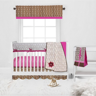 Bacati - Damask Pink Fuschia Chocolate 6 pc Crib Bedding Set with Long Rail Guard Cover