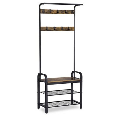VASAGLE Vintage Style Coat Rack Industrial Home Entryway Accent Furniture with 9 Adjustable Hooks and Bench Seat with Shoe Storage Shelves, Black