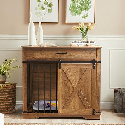 Dog Cage Furniture Thick Wood Pet House - Modern Indoor Wooden Dog Crate Furniture with Sliding Barn Door and Storage Drawer