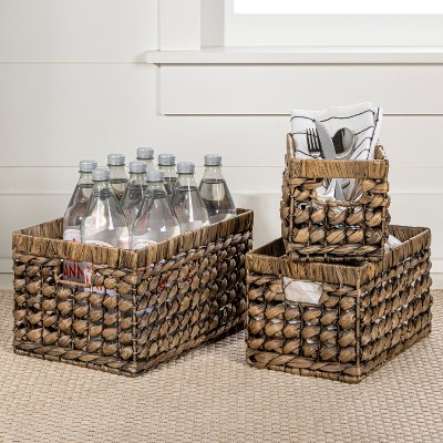 Handwoven Brown Water Hyacinth Rectangular Storage Baskets with Cut-Out Handles