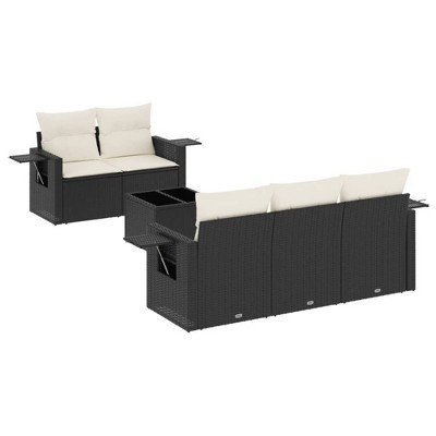 vidaXL 6 Piece Patio Sofa Set with Cushions Black and Cream Poly Rattan