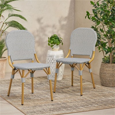 SKRAN Outdoor PE Rattan and Aluminum Armless French Bistro Chairs, Set of 2, Gray and Bamboo Finish for Patio, Garden, Outdoor