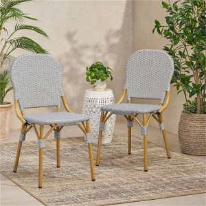 SKRAN Outdoor PE Rattan and Aluminum Armless French Bistro Chairs, Set of 2, Gray and Bamboo Finish for Patio, Garden, Outdoor - 1 of 4