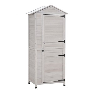Outsunny 35.5" x 24.75" x 78.75" Wooden Storage Shed Cabinet, Outdoor Tool Shed Organizer with 3 Shelves Handle Magnetic Latch Foot Pad, Light Gray - 1 of 4