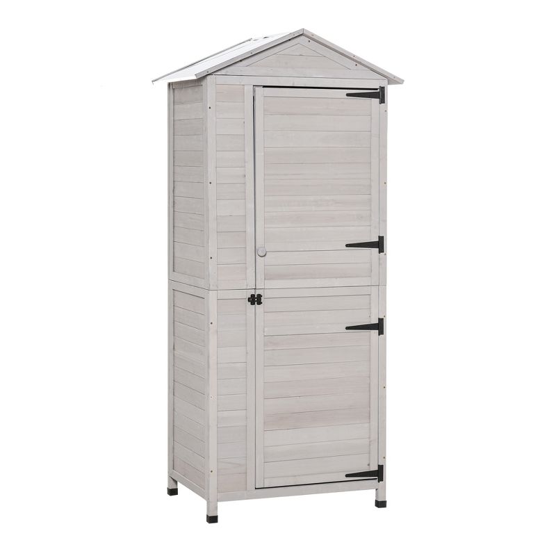Outsunny 35.5" x 24.75" x 78.75" Wooden Storage Shed Cabinet, Outdoor Tool Shed Organizer with 3 Shelves Handle Magnetic Latch Foot Pad, Light Gray, 1 of 9