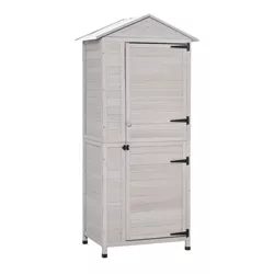 Outsunny 36" x 25" x 79" Wooden Storage Shed Cabinet, Outdoor Tool Shed Organizer with 3 Shelves Handle Tin Roof Magnetic Latch Foot Pad, Light Gray
