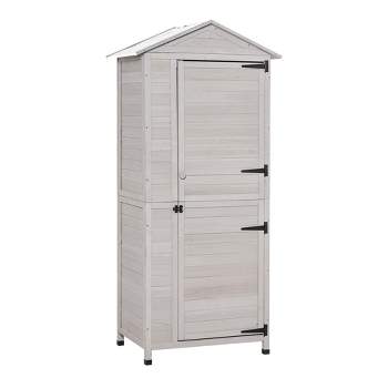 Outsunny 35.5" x 24.75" x 78.75" Wooden Storage Shed Cabinet, Outdoor Tool Shed Organizer with 3 Shelves Handle Magnetic Latch Foot Pad, Light Gray