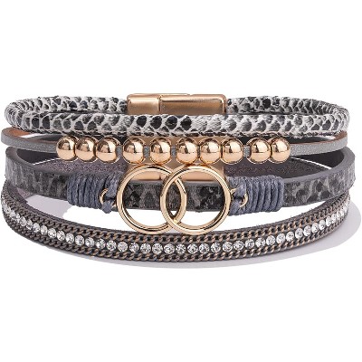 Boho Wrap Bracelet with Infinity Design, Leather Cuff Bangle with Magnetic Clasp, Stackable Jewelry Gift for Mom