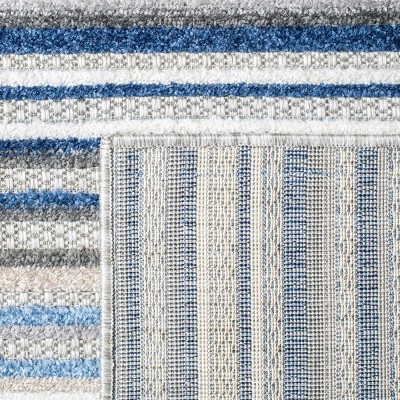 Grey and Blue Geometric Striped Indoor/Outdoor Runner Rug