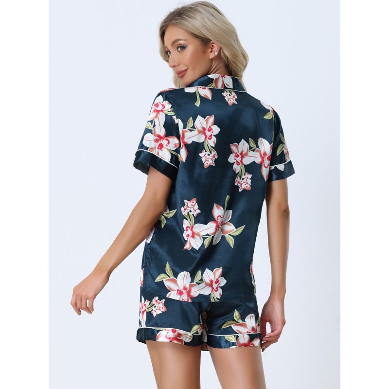 cheibear Women's Floral Button Down Shirt Shorts Satin Pajama Set 2 Pcs, 3 of 6