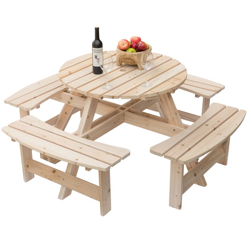 Gardenised Wooden Outdoor Patio Garden Round Picnic Table with Bench, 8 Person- Natural, 2 of 12