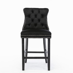 OUTSUPPLY Set of 2 Velvet Bar Stools, Button Tufted Mid-Century Design with Wood Legs & Chrome Nailheads - 1 of 4