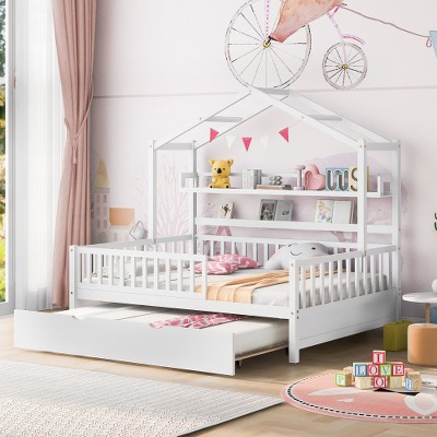 Kids Bed with Roof, Sturdy Solid Frame, Storage Shelves, Space-Saving Trundle Bed, Semi-Enclosed Design for Sleep & Play-Maison Boucle