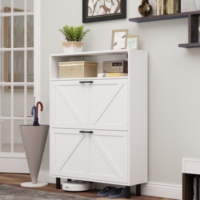 RISOKEYS Farmhouse Shoe Organizer with 2 Flip Drawers,Freestanding Slim Narrow Shoe Rack Cabinet with Open Storage for Entryway,Foyer,Hallway