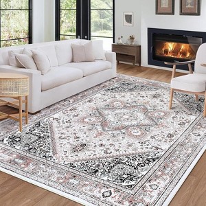 Acekool Washable Vintage Oriental Area Rug, Stain-Resistant Non-Slip Soft Low Pile Carpet for Bedroom, Living Room, Dining, pink4x6 - 1 of 4