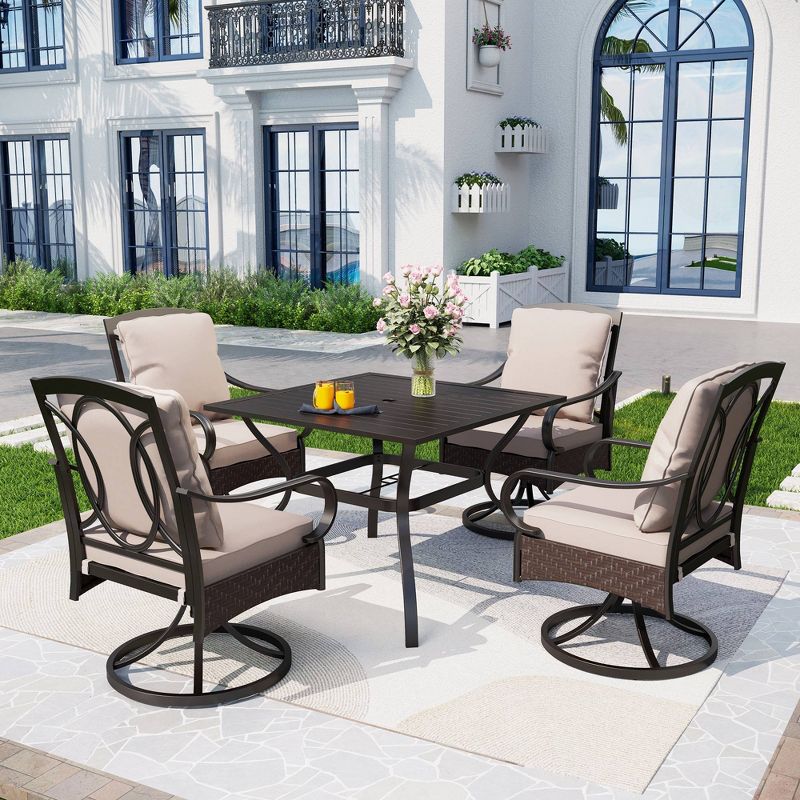 5pc Outdoor Dining Set with Swivel Chairs with Seat &#38; Back Cushions &#38; Square Metal Slat Table with 1.57&#34; Umbrella Hole - Captiva Designs, 1 of 18