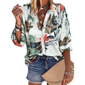 Nlife Women Lapel Collar Floral Print Button Down Long Sleeve Elastic Cuff Shirt - 1 of 4