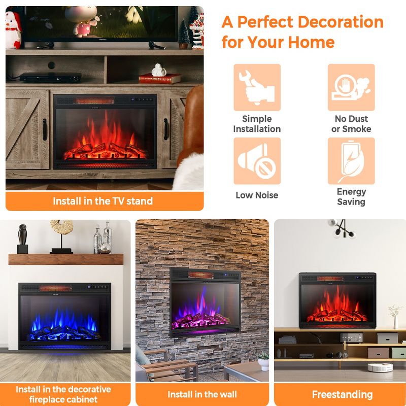Costway 28''  Electric Fireplace Freestanding & Recessed Heater Log Flame Remote 1350W, 5 of 8